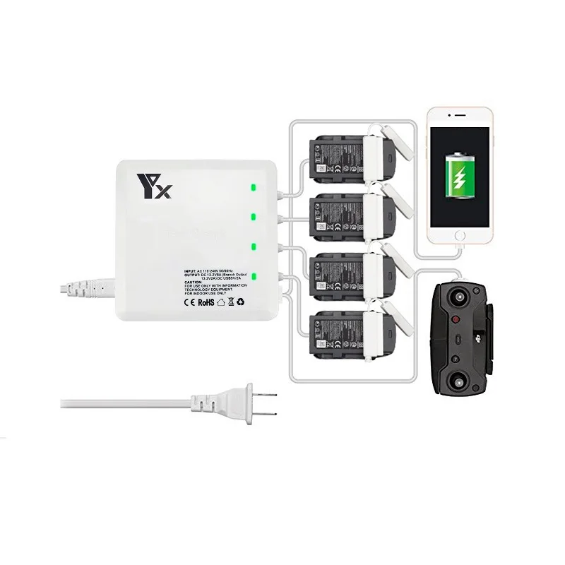 

Быстрое зарядное устройство 6-в-1, умный зарядный концентратор с 2 USB-портами для аккумулятора DJI Spark Drone и пульта дистанционного управления
