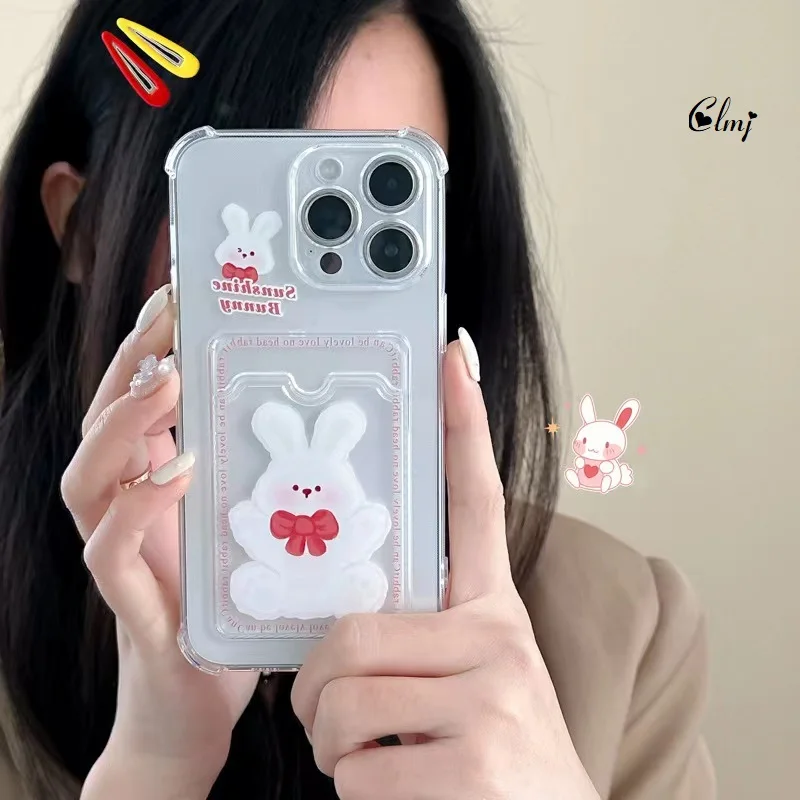

Clmj Card Holder Rabbit Phone Case For iPhone 11 12 13 14 Pro Max X XR XS Se 2020 Soft Silicone Protective Cover Can Put Photo