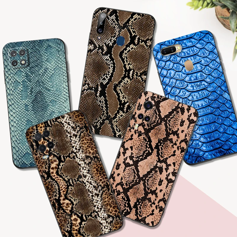 Черный чехол ТПУ для OPPO A1K A5 A5S A5XS A3S AX5 A11 A11X A12E A12 A7 A9 A9X 2018 2020 змеиная кожа с принтом