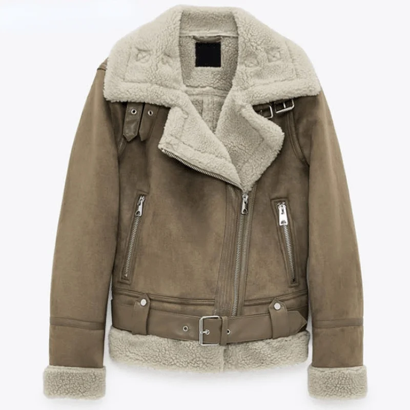 

Winter New Women Thick Warm Vintage Suede Lambswool Biker Jackets Coat Chic Sashes Casual Loose Faux Leather Outwear Tops Female