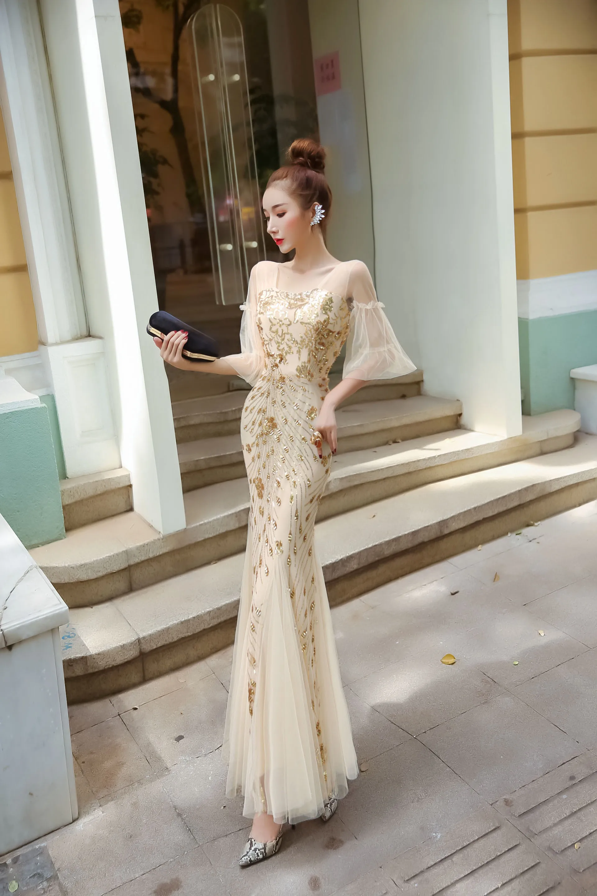 

2021 New Sexy Gold mermaid evening dresses one shoulder dresses for women party vestidos de fiesta robe de soiree de mariage