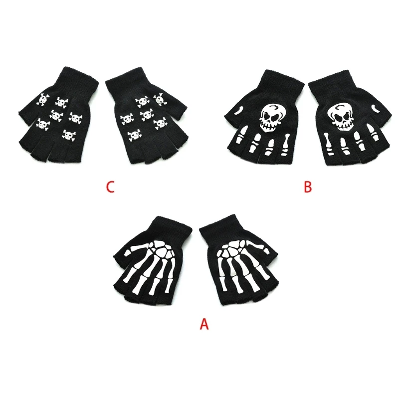 

Men Women Halloween Skeleton Skull Half Finger Gloves Glow in the Dark Luminous Fingerless Stretch Knitted Mittens