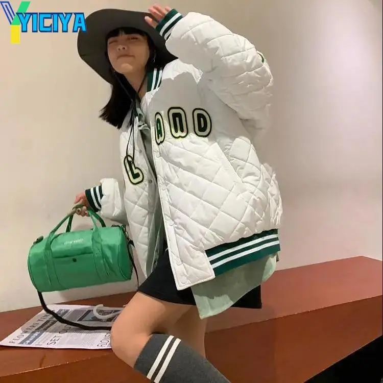 YICIYA Women's Winter Parkas 2023 American Retro Letter Embroidery Jackets Coat Y2K Casual Baseball Uniform Couple Loose Jackets