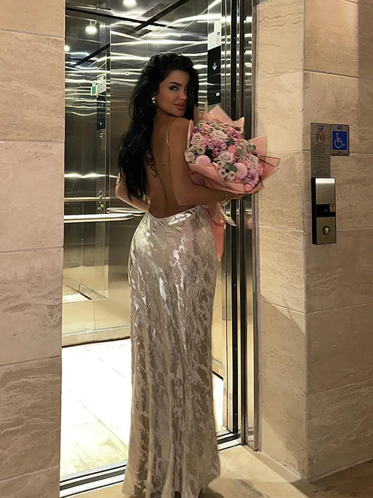 

Sexy Halter Gold Foil Printing Dress For Women Elegant Spaghetti Strap Backless Sleeveless Maxi Dresses Party Club Vestidos
