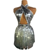 silver shining mirror sequins halter sexy backless women tassel dress pole dj dance stage costume party nightclub wears