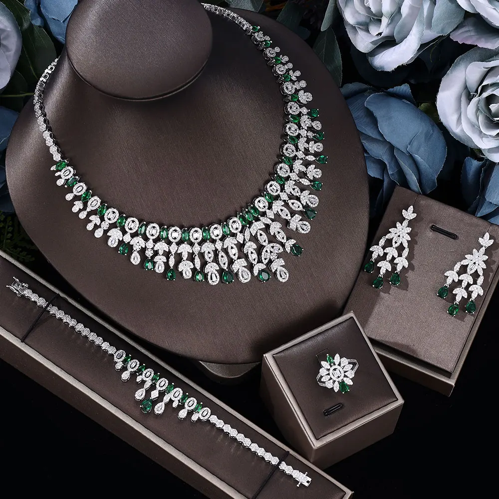 2022 Top 4 Piece Set Dubai Cubic Zirconia Tassel Drop Wedding Necklace Bridal Party Luxury Jewelry Set