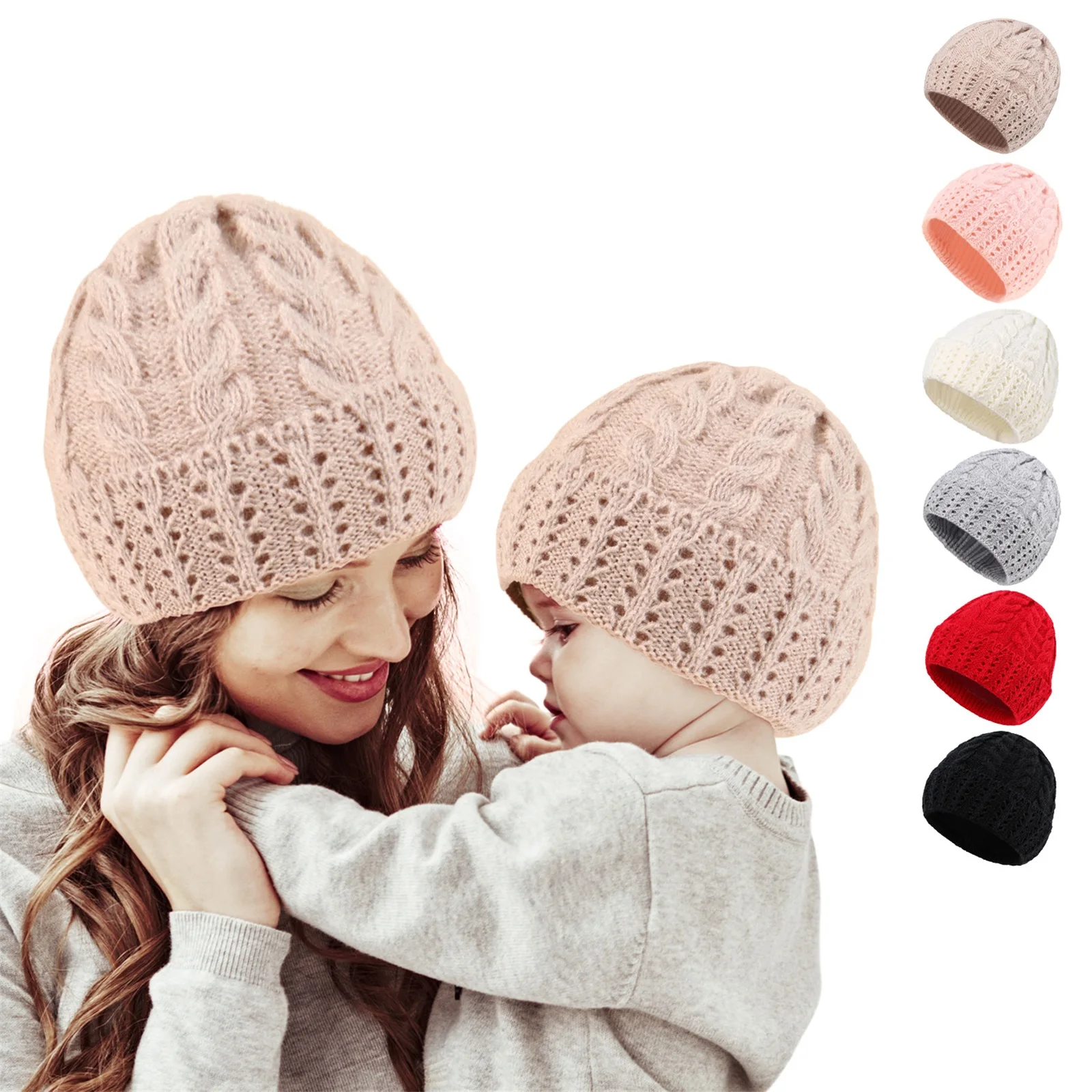 

2023 Parent-Child Matching Knit Beanies Winter Warm Solid Color Cable Knitted Hats Crochet Cap for Family Baby Mother Father