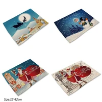 popular santa printed linen place table mat cloth dish coaster pad cup christmas doily insulated dining placemats kitchen