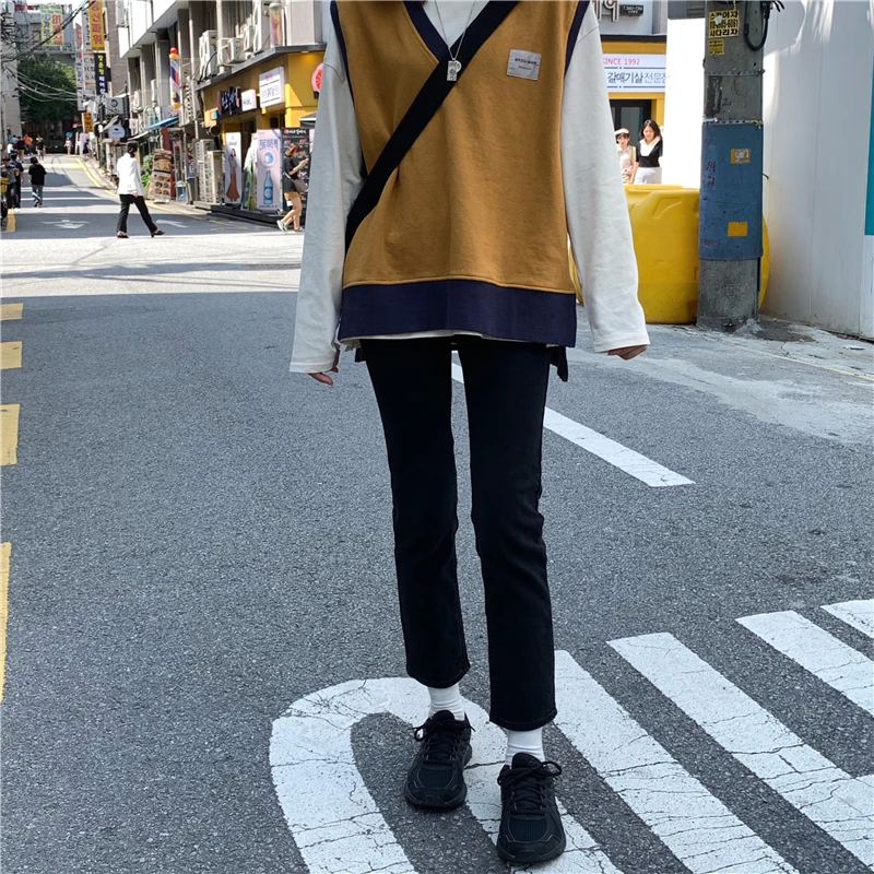 

SB2 New high-waisted slim black straight-leg pants fashion ankle-length washed jeans