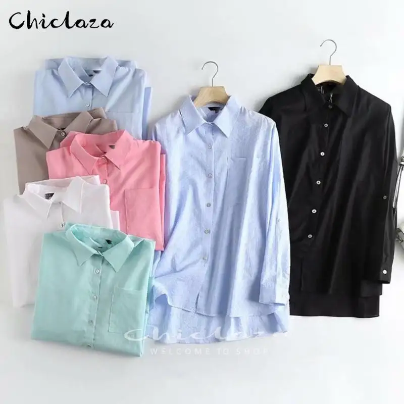 

CHICLAZA Women 2022 Spring Summer Thin Linen Shirt Ladies Casual Long Sleeve Loose Blouses And Tops Female