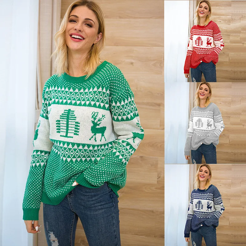 Autumn Winter New Christmas Sweater Women Geometric Elk Jacquard Knitted Pullover Oversized Sweater