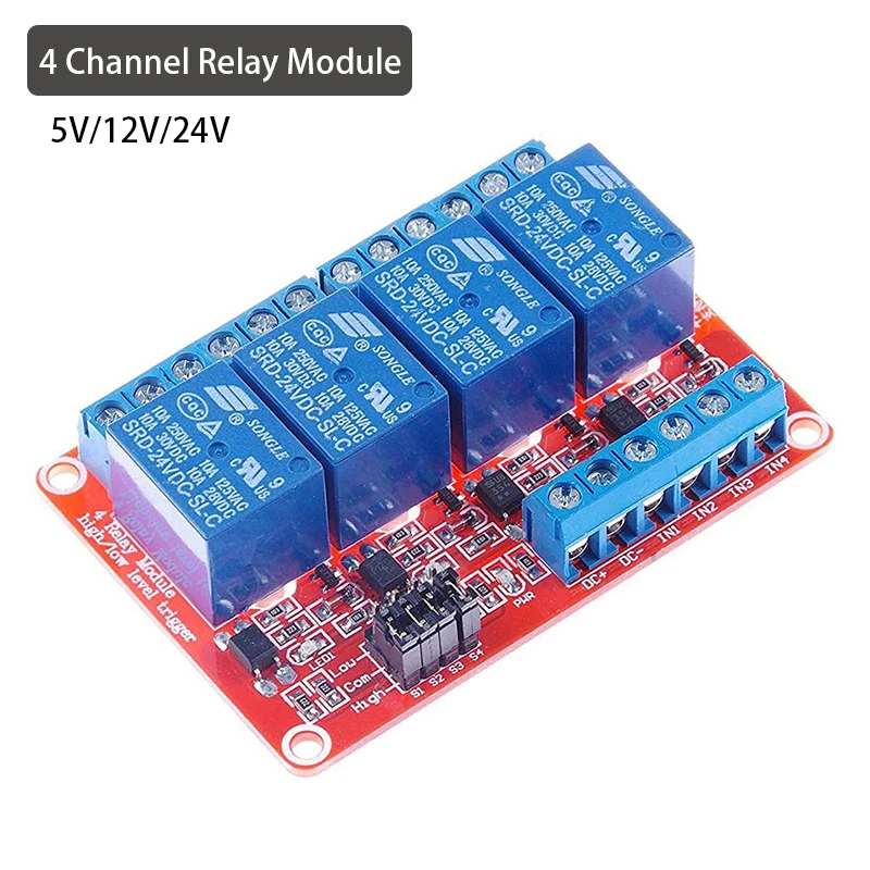 

4-канальная плата релейного модуля 5 В, 12 В, 24 В постоянного тока, щит с блестящим низкоуровневым триггером для автоматического оборудования ...
