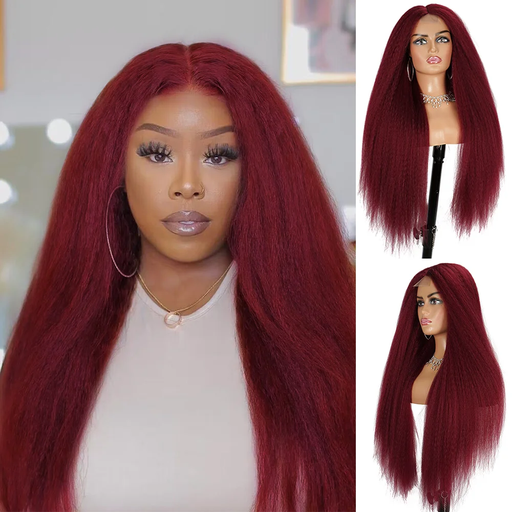 Long Brown Kinky Straight Wig Copper Red Yaki 28 30 inch Wigs For Women With Natural Hairline Hair Heat Temperature Glueless
