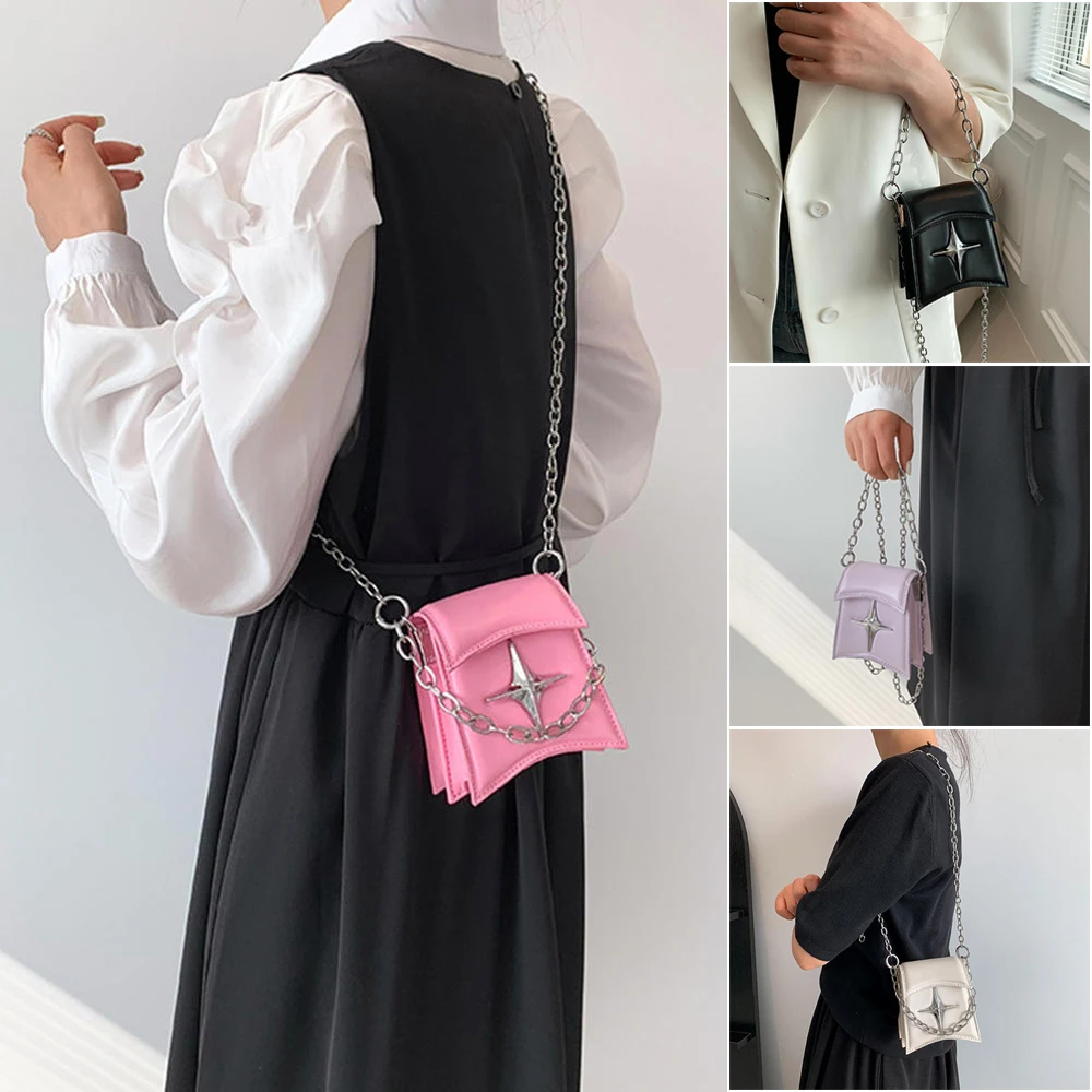 Vintage Korean Small Chain Shoulder Bag Flap Clutch Purse Handbags Pink Pu Leather Gothic Cross Star Girls Crossbody Ladies Bags