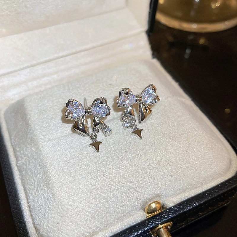 

New Delicate Jewelry Silver Color Bowknot Earrings For Women Party Wedding Jewelry Cubic Zirconia Star Earings Christmas Gifts