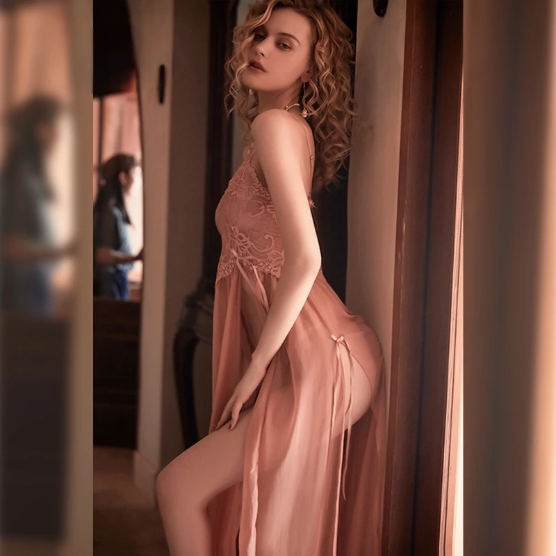 

Пикантная женская ночная рубашка, сетчатая Прозрачная Кружевная длинная ночная рубашка на бретельках, тонкая Домашняя одежда, ночная рубаш...