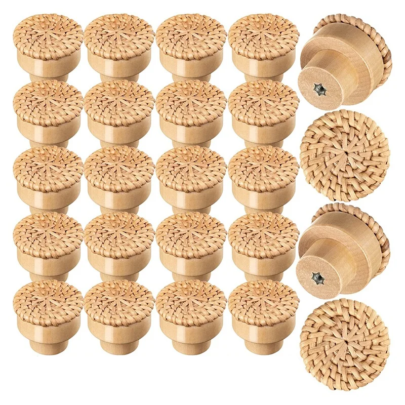 

JFBL Hot 24Pcs Boho Rattan Dresser Knobs Round Wooden Drawer Knobs Cabinets Dresser Handles Hardware Pulls Cabinet Knobs