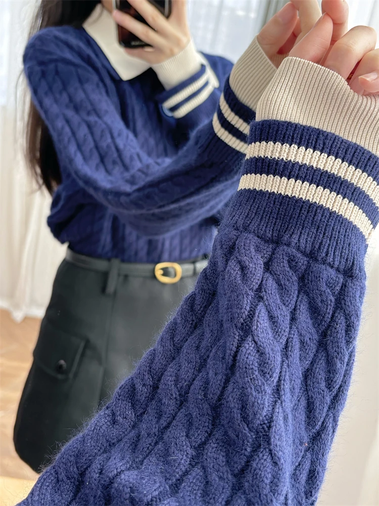 Женский свитер с воротником-поло полосатый край цветная блокировка High Street