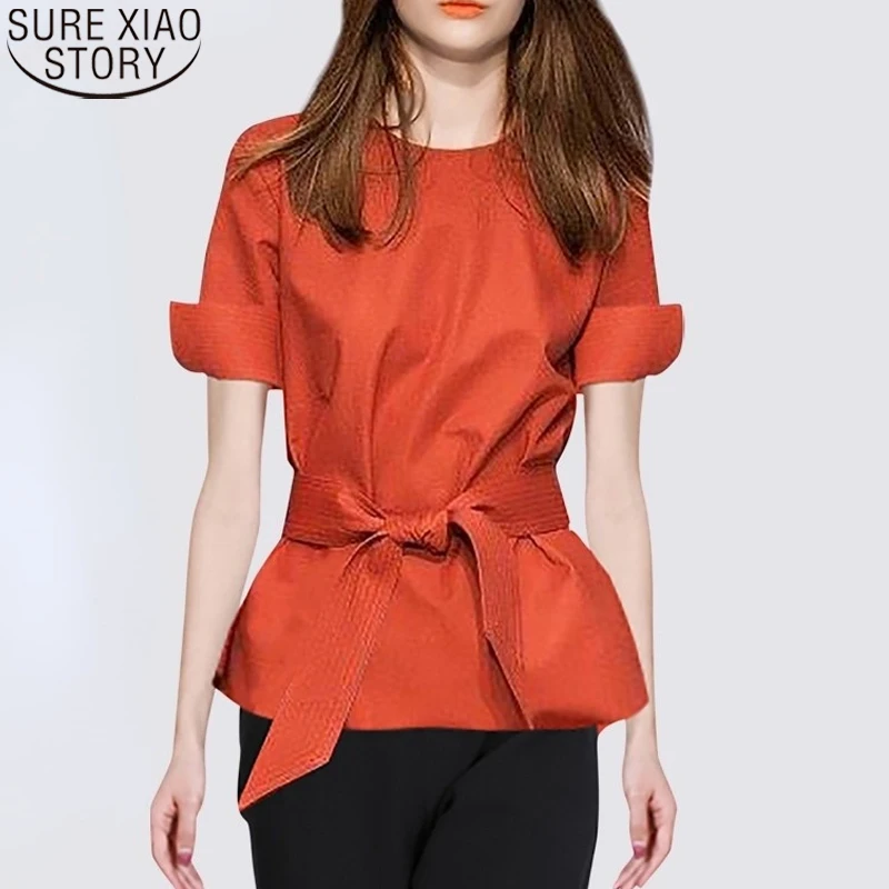 

2022 New Summer Shirt Women Tops Office Lady Short Sleeve Blouse O-neck Orange Shirts Fashion Lace-up Clothes Blusa Mujer 18903
