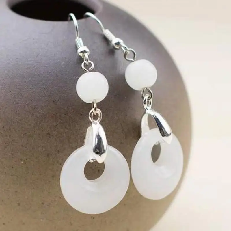 

Women White Jade Round Drop Earrings S925 Sterling Silver Hetian Jades Nephrite Donut Dangle Earring For Girlfriend Mom Gifts