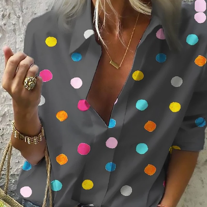 

S-3XL 2022 Summer Fashion Tops for Women Polka Dot Pattern Comfy Long Sleeve V-neck Cute Blouses Woman Tshirts Women Clothing