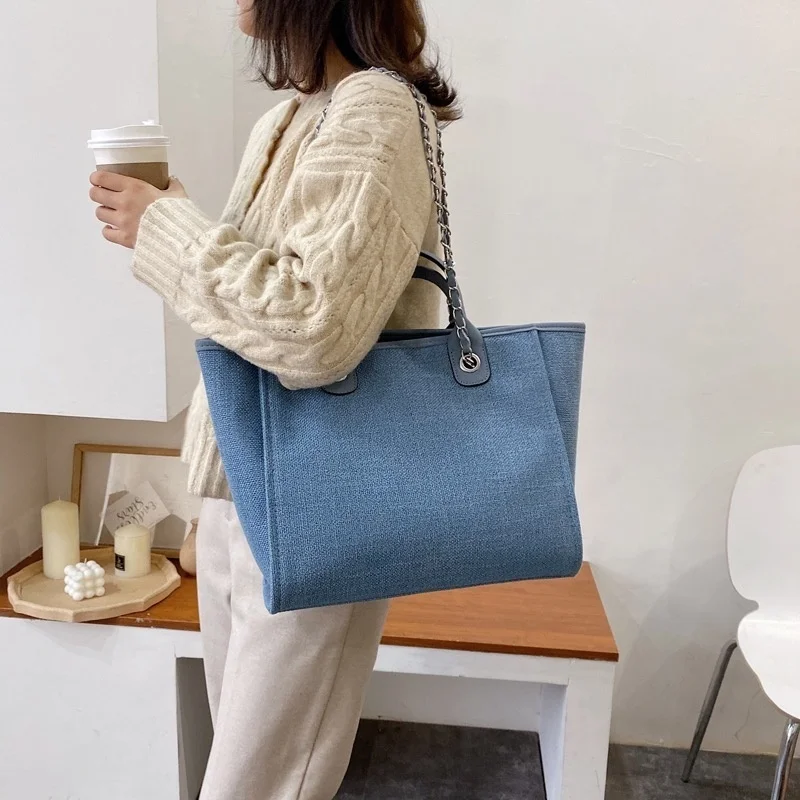 

Women Chain Tote Bag Designer Female Shoulder Casual Bags Beach Canvas Leisure Handbags Women's Bag 2023 Trend Medium