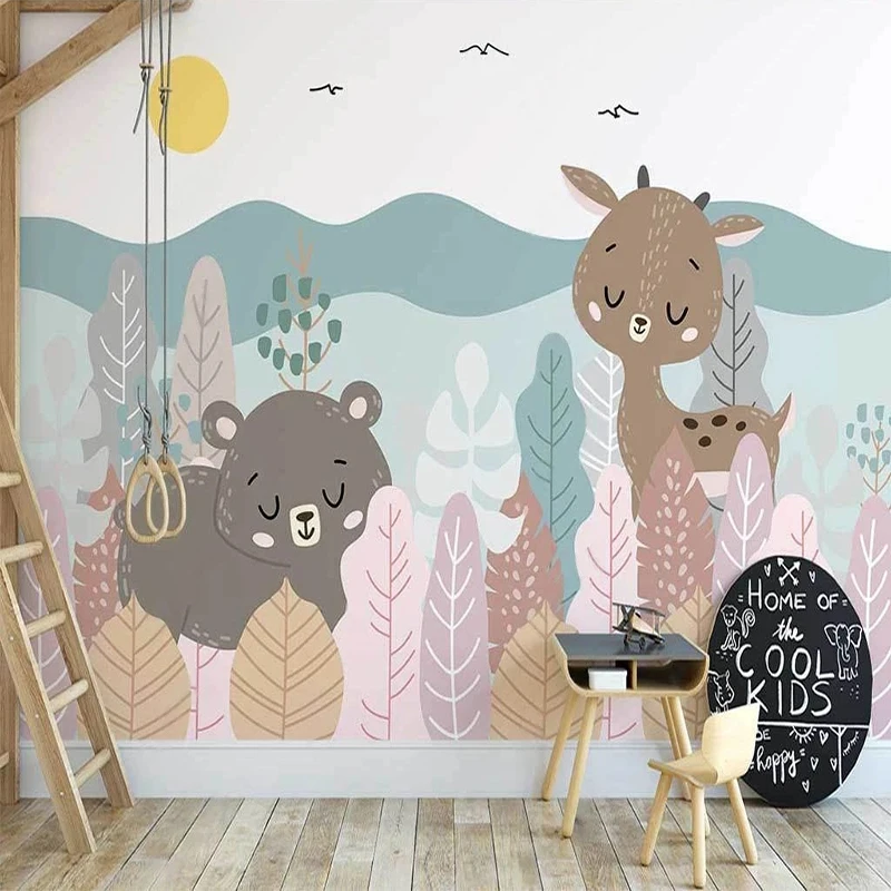 

Custom Mural Wallpaper Nordic Ins Hand-painted Pink Jungle Cartoon Animal Children's Room Background Wall Decor Papel De Parede