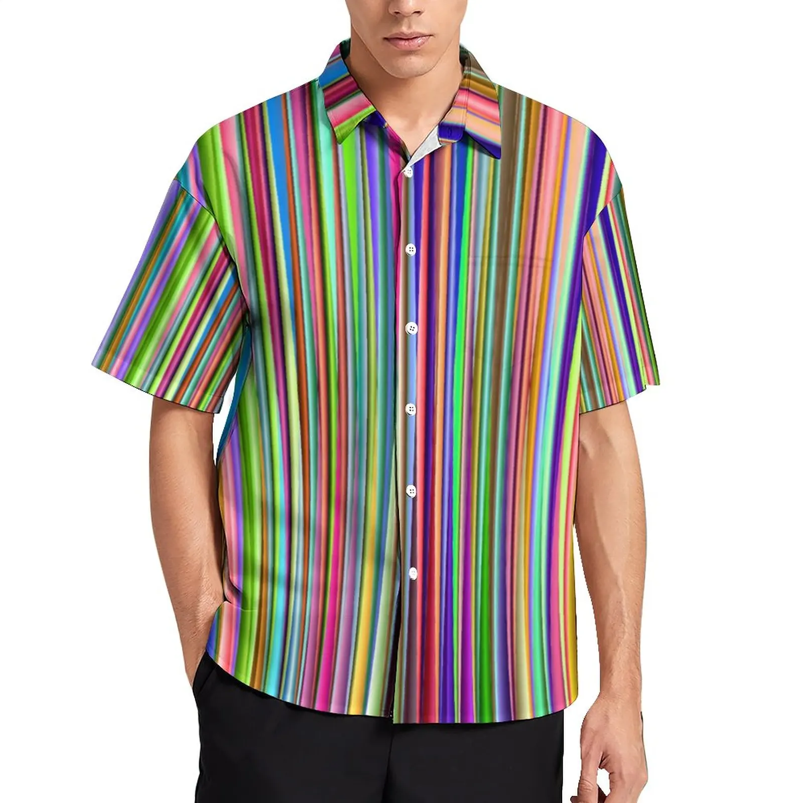 

Multi-color Stripes Vacation Shirt Colorful Lines Print Hawaii Casual Shirts Men Fashion Blouses Short Sleeve Custom Clothes