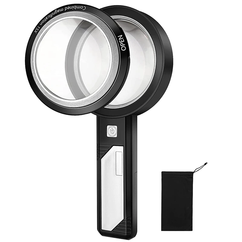 

Lighted Magnifying Glass With Light For Reading, 6X 9X 15X Magnifications Integrated Into 6 LED And 2 Purple Light Beads