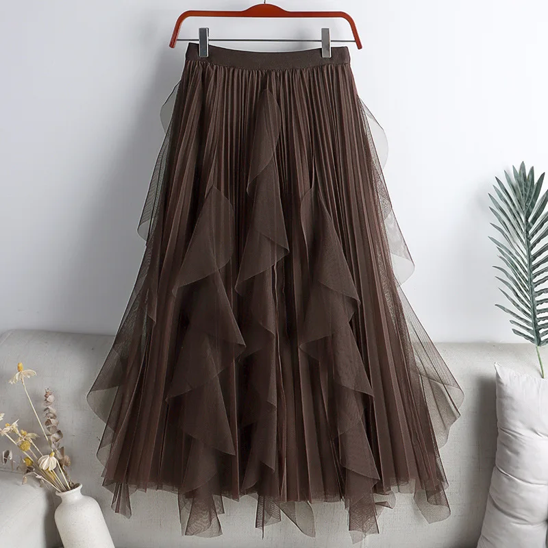Big Ruffles Tulle Skirt Womens Autumn Winter High Waist Elegant Pleated Skirts Female Korean Fashion Casual Mesh Skirt