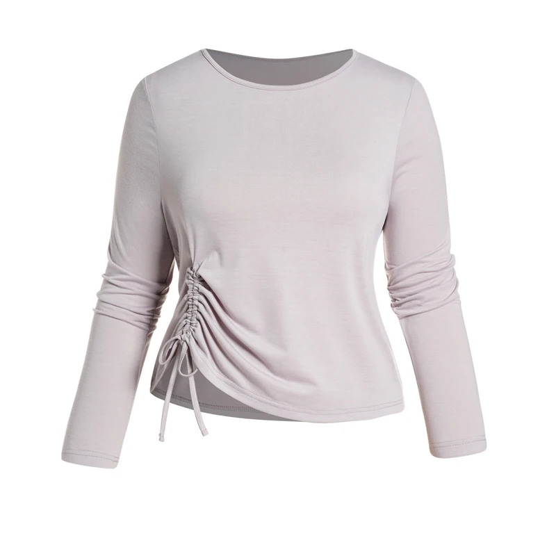 

Dressfo Plus Size Solid Color Cinched Drawstring Bandage T-shirt Long Sleeve Round Neck Casual Curve Tee