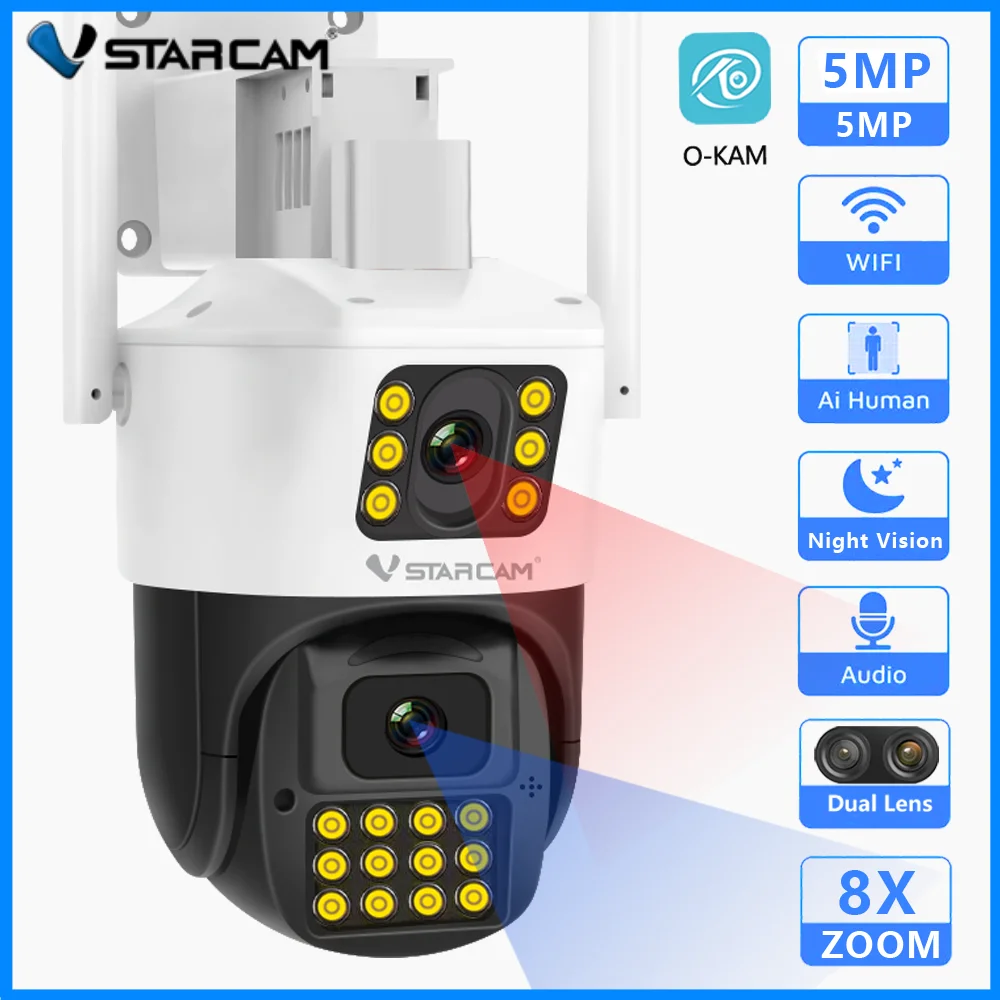 

Vstarcam 5MP PTZ Wifi Camera Dual Lens IP Camera Human Detect Wireless Outdoor Surveillance CCTV 8X ZOOM Camera O-KAM App