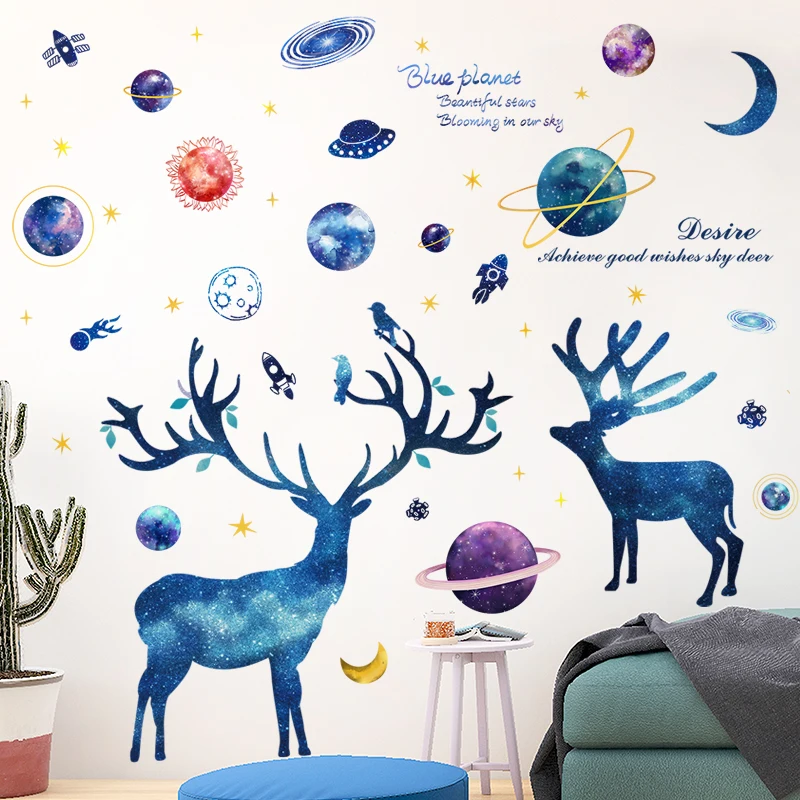 

[shijuekongjian ] Outer Space Planets Wall Stickers DIY Cartoon Deer Animal Wall Decals for Kids Rooms Baby Bedroom Decoration