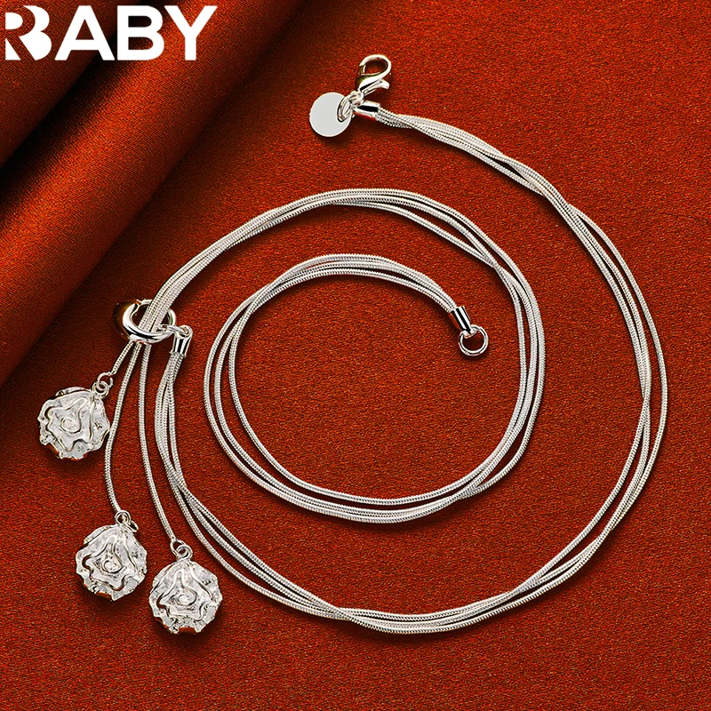 

925 Sterling Silver 20 Inch beautiful Multi snake chain rose flower Necklace For Women Fashion Charm Wedding Engagement Jewelry