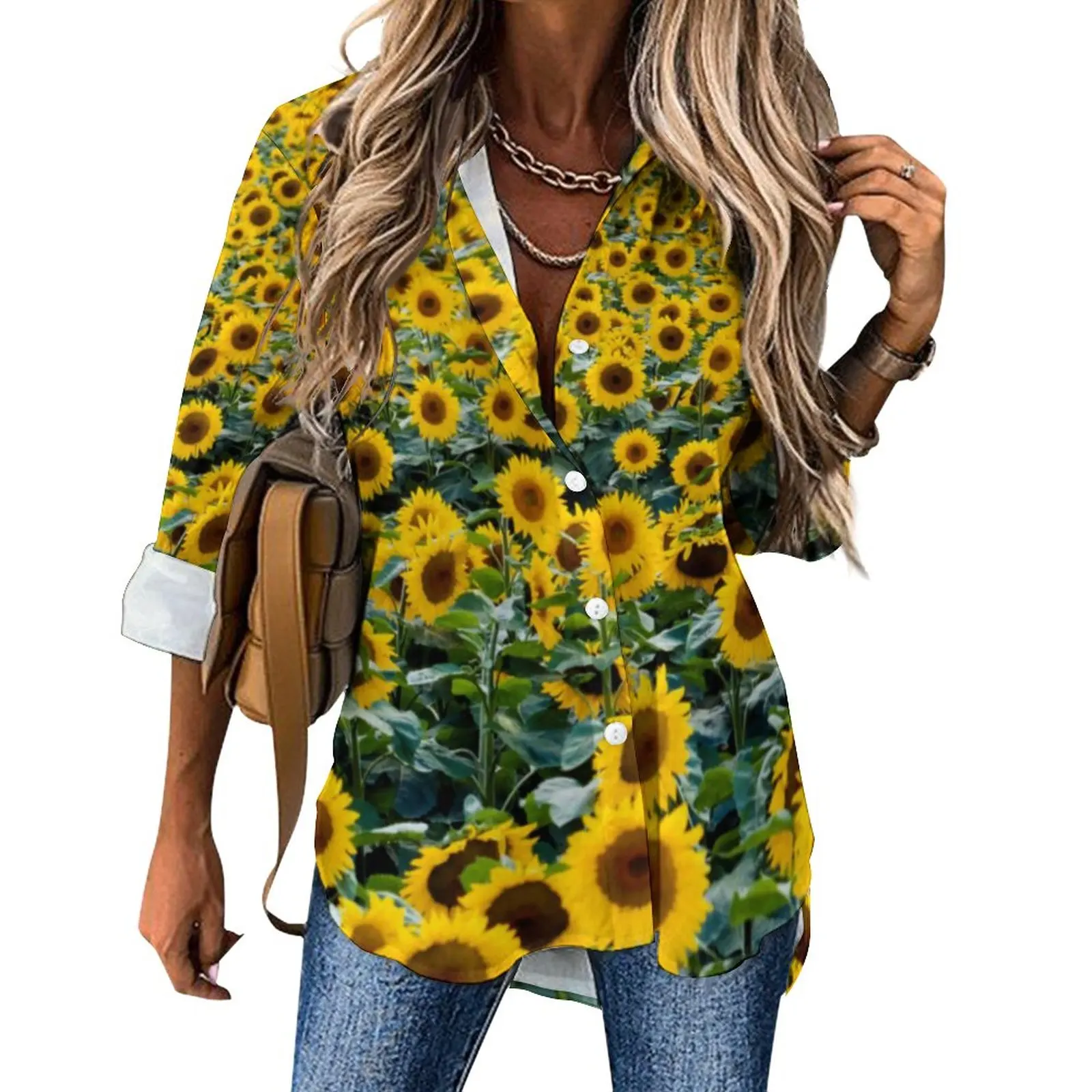 

Блузка с принтом «поле Подсолнуха», Желтые Повседневные Блузки с цветочным принтом, модная рубашка, осенняя одежда большого размера с длинн...