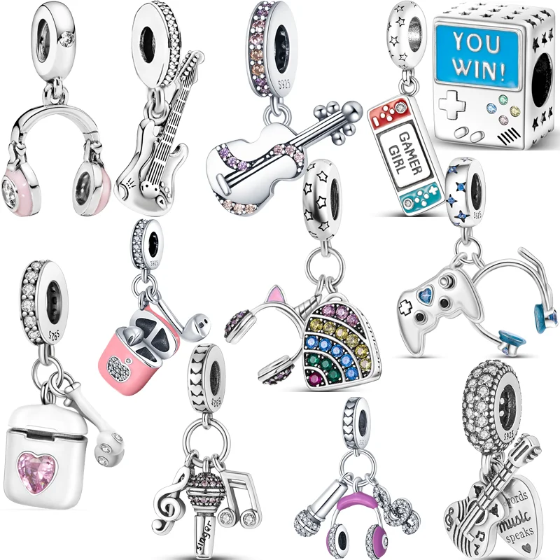Nuovo 925 Sterling Silver Console Di Gioco Chitarra Auricolare Ciondolo Musicale Perline Fai Da Te Fit Originale Pandora Charms Braccialetto Gioielli 