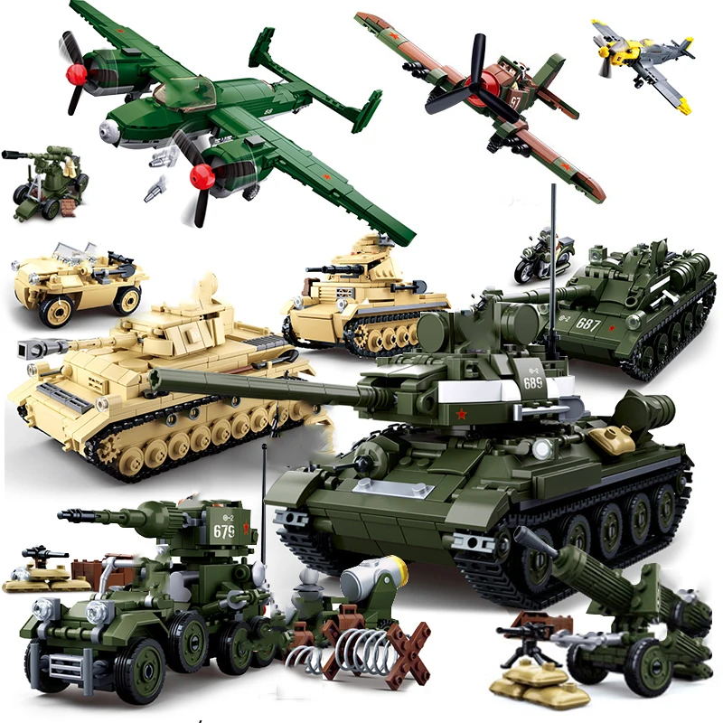 

bricks kits army world war 2 ww i ii fighter sets military vehicle ww2 germany us tank T34 machine truck plane building blocks