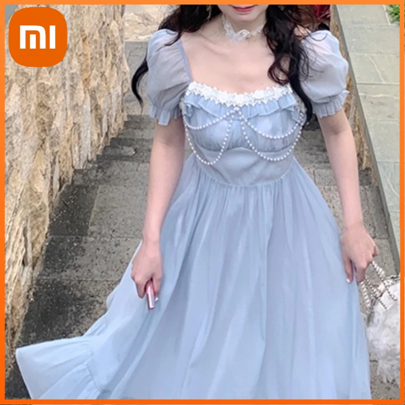 

Xiaomi French Vintage Dress Women Puff Sleeve Square Collar Elegant Midi Dress Party Beach Style One Piece Dress Korean Summer