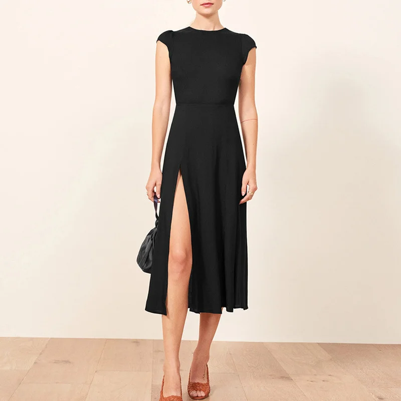 

Women's Summer Black Round Neck Midi Dress 2022 New Sexy Backless Split Hem Waist Robe Women Dresses for Party and Wedding