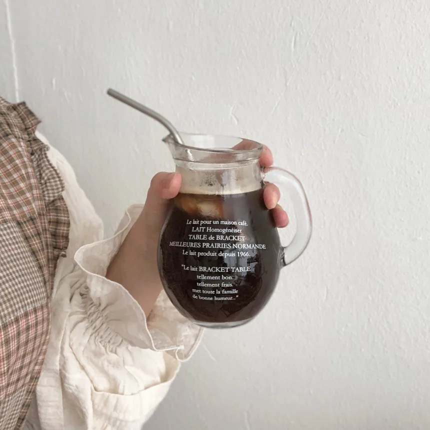

Korean Large Capacity Transparent Glass with Stainless steel straws French Letters Glass Coffee Glass Cup with straw