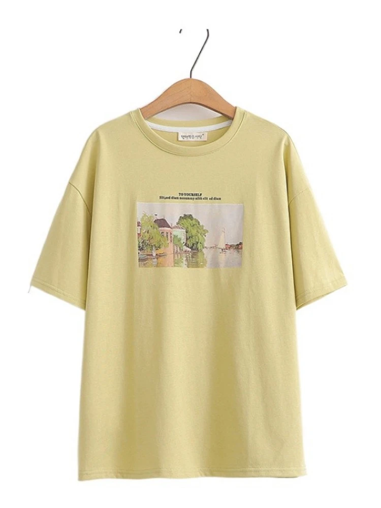 

Футболка женская хлопковая с коротким рукавом, базовая Повседневная тенниска с круглым вырезом, с графическим принтом, в винтажном стиле, лето 2022