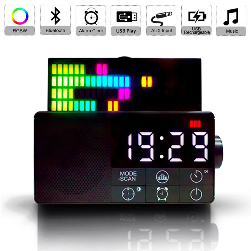 

Portable FM Radio Mini Bluetooth 5.2 Speaker Desk Alarm Clock MP3 Music Player RGB Pickup with LED Display Support USB/AUX Play