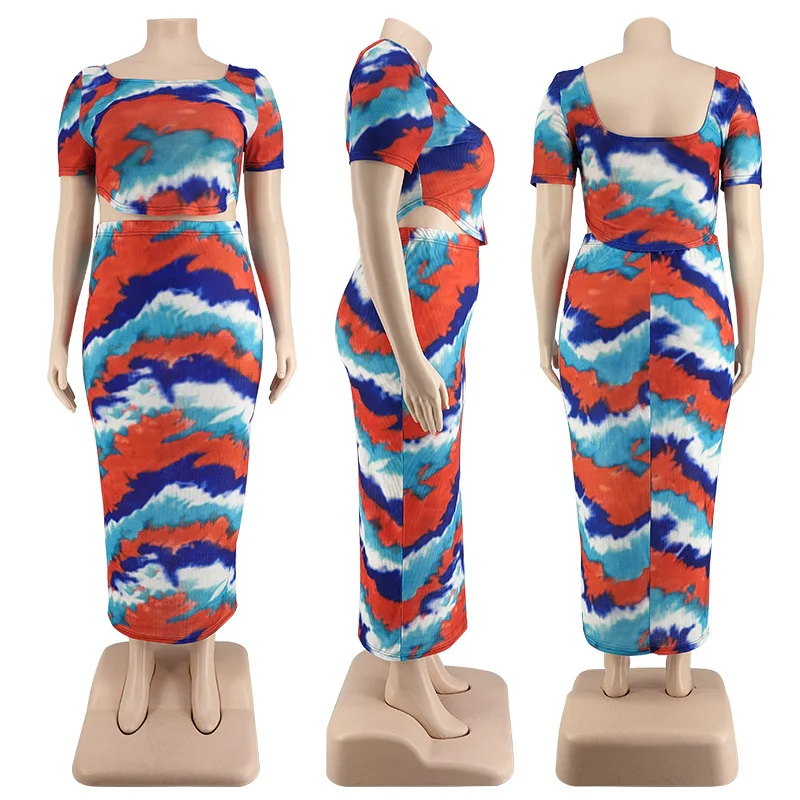 Plus Size Clothing Women's Wear Summer Ribbed Pit Strip Digital Printing Two-piece Skirts Set Whole 3xl 4xl 5xl 6xl