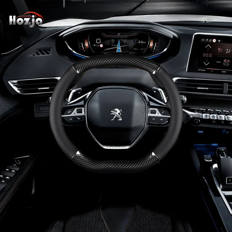 

Carbon Fibre Leather Car Steering Wheel Cover Non-slip Suitable for Peugeot 3008 2017-2021 5008 2017-2021 208 Car Accessories