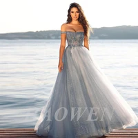 haowen shinny tulle prom dresses lace appliques off shoulder a line dubai women evening dress long formal party gown
