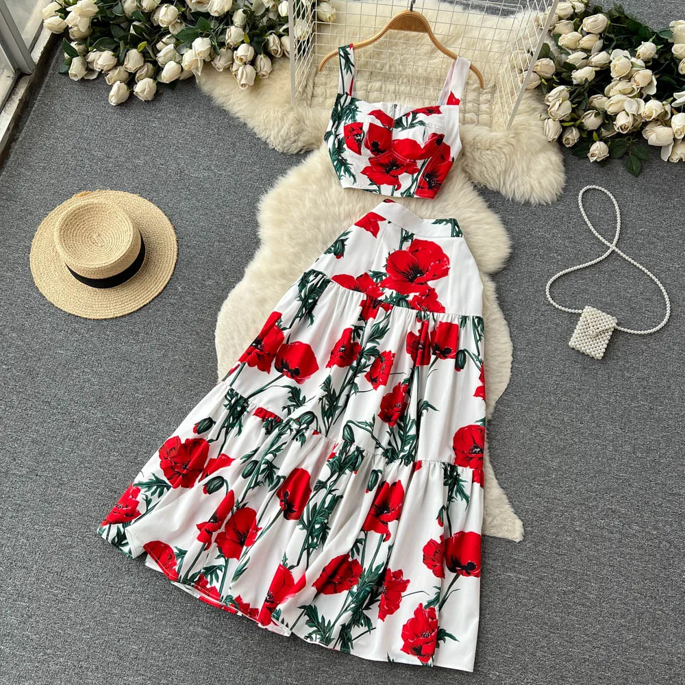 

Summer Runway Sicily Floral Matching Outfits Women's Short Spaghetti Strap Crop Top＋Long Maxi Vacation Skirt 2 Piece Set N530
