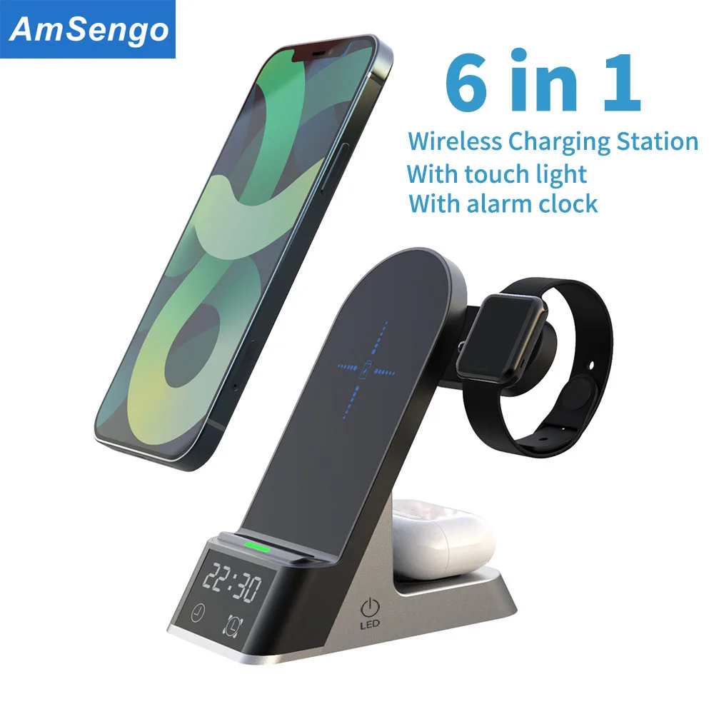 

6 in 1 Wireless Chargers For iPhone XS 12 13Pro Fast 15W Wireless Charging Station with light For Apple Watch 7 6 5 4 3 Airpods