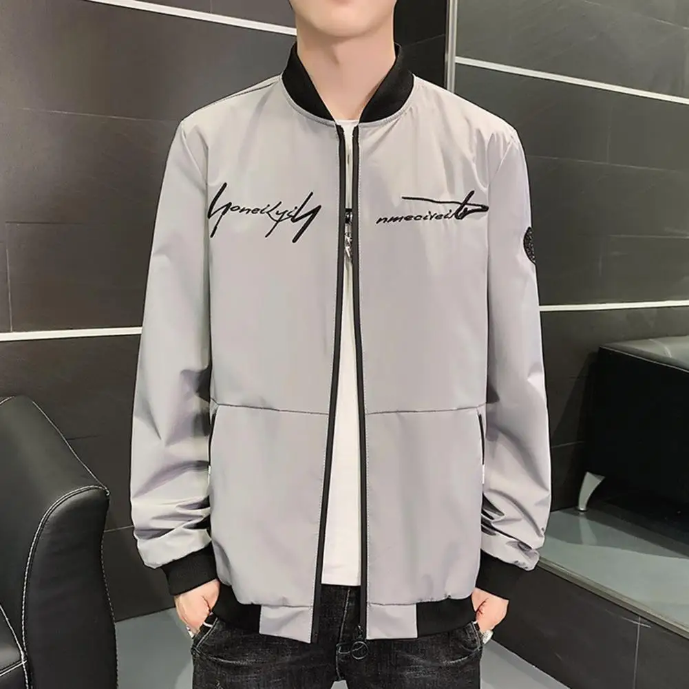

Casual Jackets for men Zipper Solid Color Embroidery Stretch Cuffs Pocket Men Long Sleeve Stand Collar Jackets chaquetas hombre