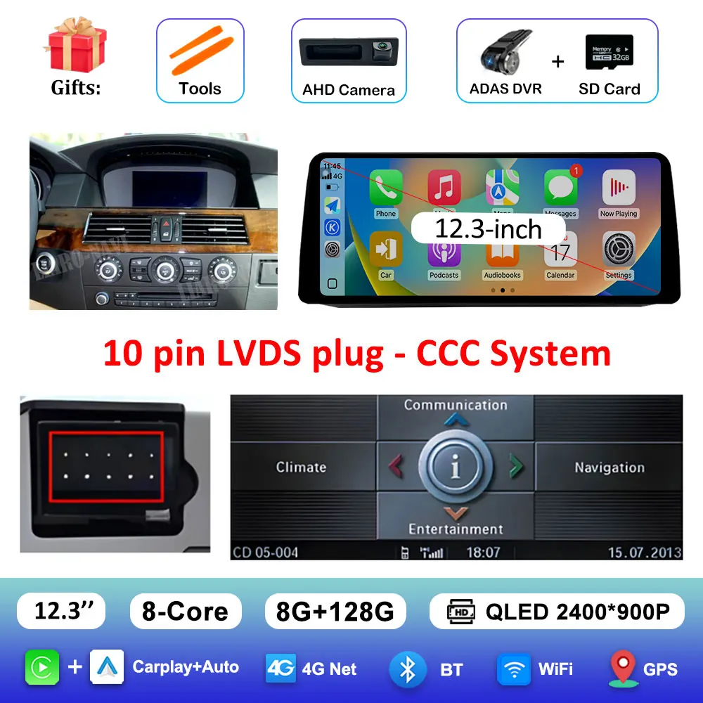

Carplay 12.3'' для BMW 5 серии E60 E61 E62 2004-2012 с системой CIC/CCC, Android 16, GPS, автомобильный видеомультимедийный плеер, автоинструменты