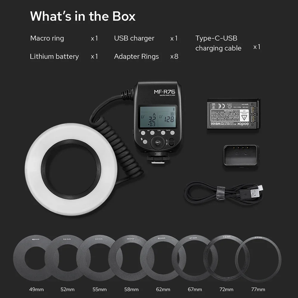 Godox MF-R76 5000K Макросветодиодная кольцевая вспышка RING76 2,4G Беспроводная вспышка Speedlite, совместимая с камерами Sony Canon Nikon (art.: 3920d27596aa4) - 3920d27596aa4